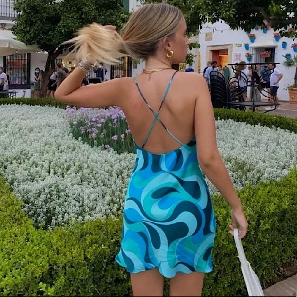 NWT ZARA Blue Wavy Printed Satin Silk Style Mini Dress Size Small Bloggers Fav!